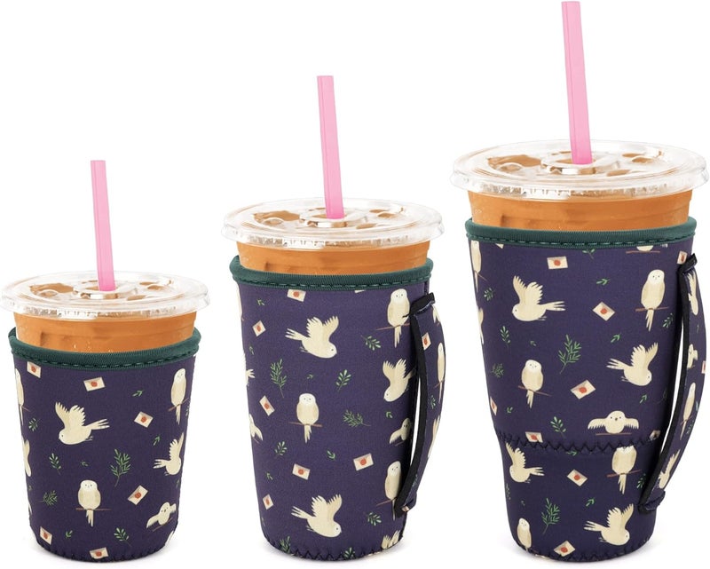 Snowso 3 Pack Iced Coffee sleeve Insulated Neoprene Cup Sleeves with handle For Cold Drinks Beverages, Reusable Cup Holder for 16oz-32oz Coffee Cups (Owls and Envelopes) - Image 1